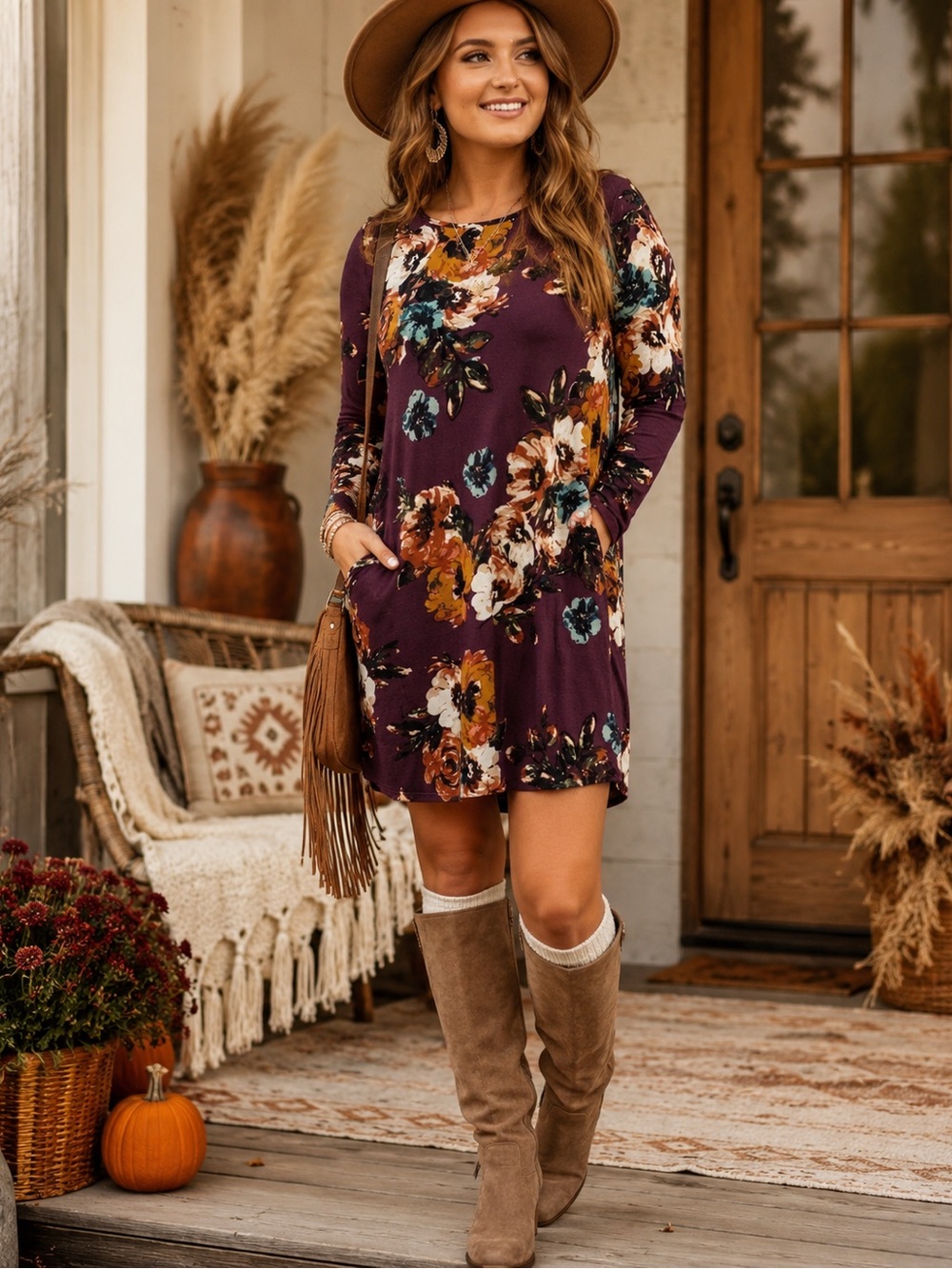 COIN GYPSY PLUM FLORAL WOMENS LONG-SLEEVE FLOWY POCKETS SIZE SMALL